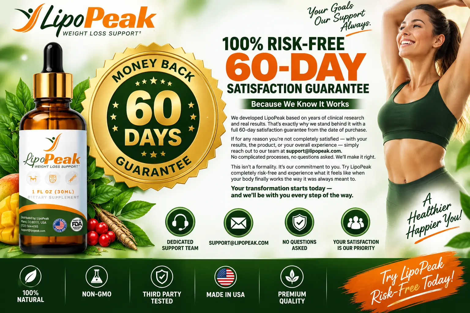 LipoPeak 60-day money-back guarantee badge